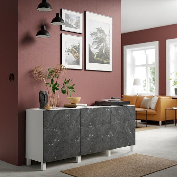 BESTÅ - Storage combination with drawers, white Bergsviken/Stubbarp/black marble effect, 180x42x74 cm - best price from Maltashopper.com 19421859