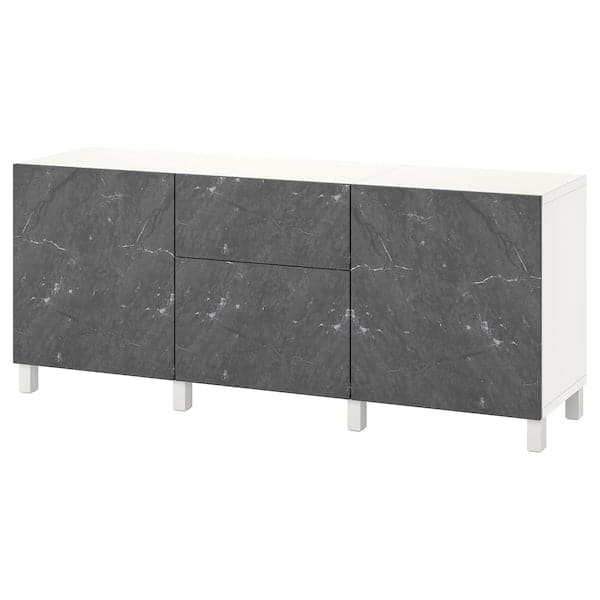BESTÅ - Storage combination with drawers, white Bergsviken/Stubbarp/black marble effect, 180x42x74 cm - best price from Maltashopper.com 19421859
