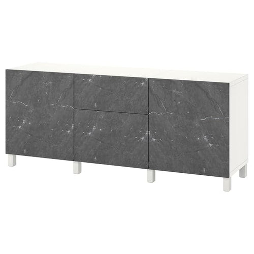 BESTÅ - Storage combination with drawers, white Bergsviken/Stubbarp/black marble effect, 180x42x74 cm