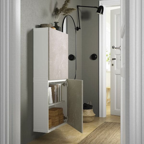 BESTÅ - Wall cabinet with 2 doors, Bergsviken white/beige marble effect, , 60x22x128 cm - best price from Maltashopper.com 59421980