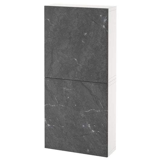 Ikea BESTÅ - Wall cabinet with 2 doors, white Bergsviken/black marble effect, 60x22x128 cm