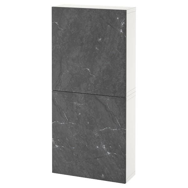 BESTÅ - Wall cabinet with 2 doors, white Bergsviken/black marble effect, 60x22x128 cm