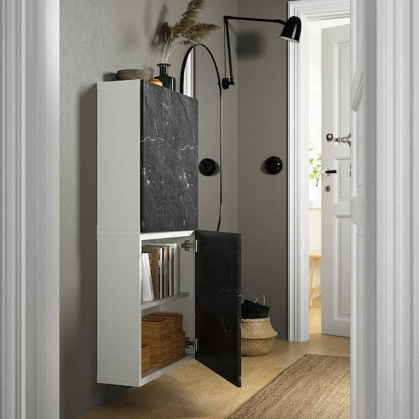 BESTÅ - Wall cabinet with 2 doors, white Bergsviken/black marble effect, 60x22x128 cm - best price from Maltashopper.com 19421977