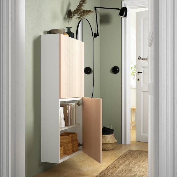 Ikea BESTÅ - Wall cabinet with 2 doors, white/Björköviken birch veneer, 60x22x128 cm
