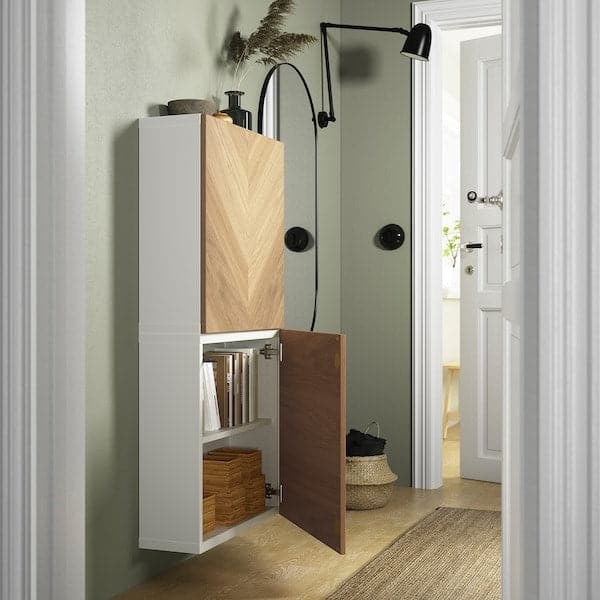 BESTÅ - Wall cabinet with 2 doors, white/Hedeviken oak veneer, 60x22x128 cm - best price from Maltashopper.com 69421970