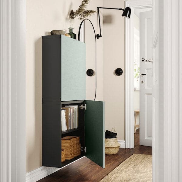 Ikea BESTÅ - Wall cabinet with 2 doors, dark grey/Hjortviken pale grey-green, 60x22x128 cm