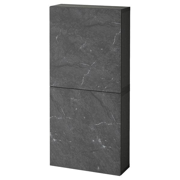 BESTÅ - Wall cabinet with 2 doors, black-brown Bergsviken/black marble effect, 60x22x128 cm - best price from Maltashopper.com 89421974