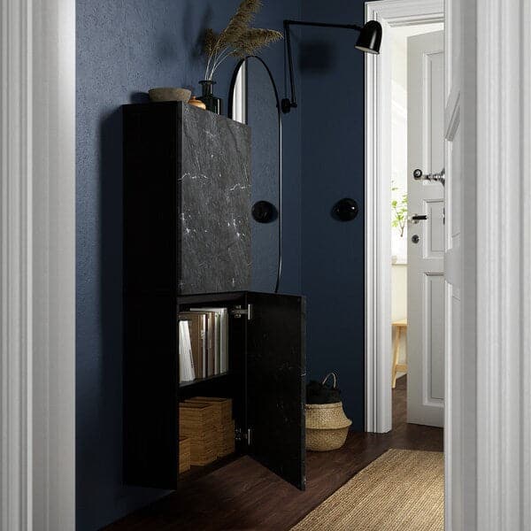 BESTÅ - Wall cabinet with 2 doors, black-brown Bergsviken/black marble effect, 60x22x128 cm - best price from Maltashopper.com 89421974