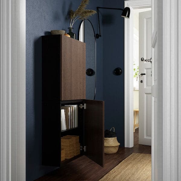 BESTÅ - Wall cabinet with 2 doors, black-brown Björköviken/brown stained oak veneer, 60x22x128 cm - best price from Maltashopper.com 89421969
