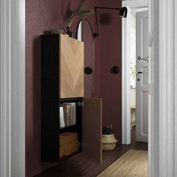 BESTÅ - Wall cabinet with 2 doors, black-brown/Hedeviken oak veneer, 60x22x128 cm - best price from Maltashopper.com 29421967