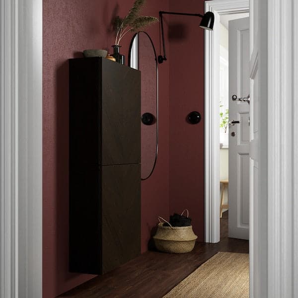 BESTÅ - Wall cabinet with 2 doors, black-brown Hedeviken/dark brown stained oak veneer, 60x22x128 cm - best price from Maltashopper.com 09421968