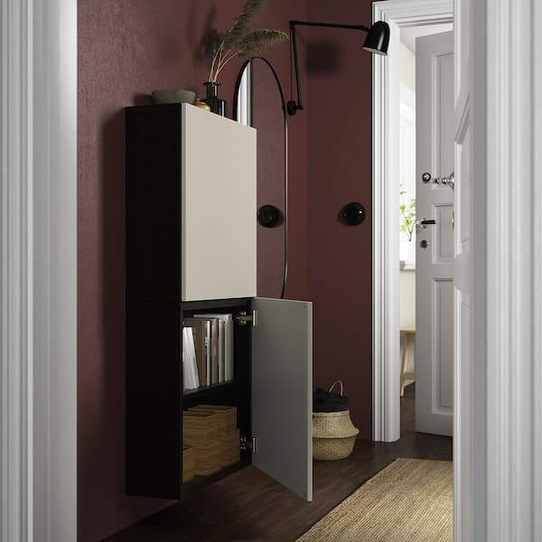 BESTÅ - Wall cabinet with 2 doors, black-brown/Lappviken light grey-beige, 60x22x128 cm - best price from Maltashopper.com 99421964