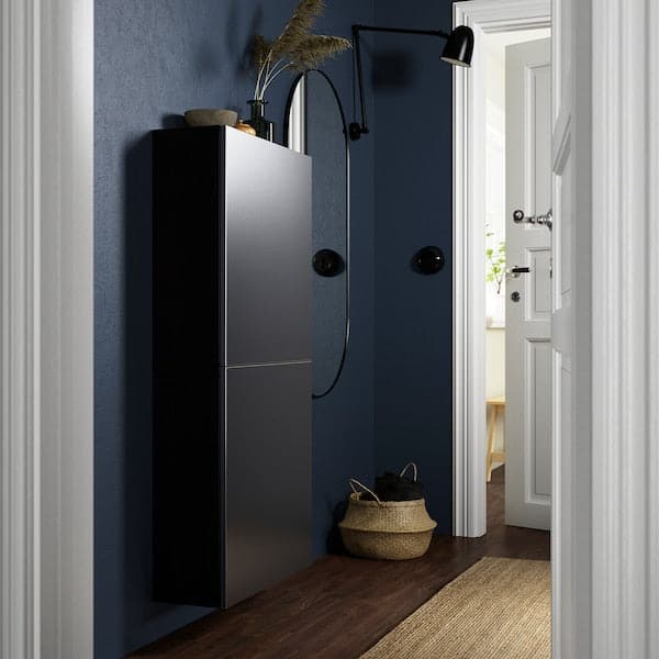 BESTÅ - Wall cabinet with 2 doors, black-brown/Riksviken brushed dark pewter effect, 60x22x128 cm - best price from Maltashopper.com 09421973