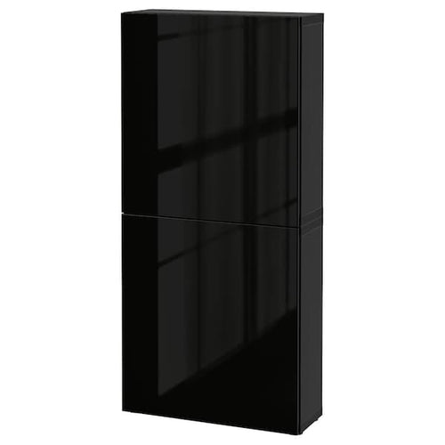 BESTÅ wall cabinet with 2 doors, black-brown/Selsviken high-gloss/black, 60x22x128 cm