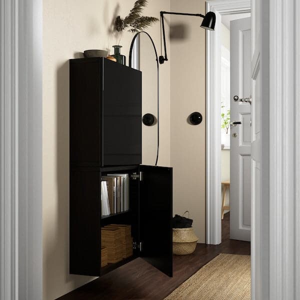 Ikea BESTÅ - Wall cabinet with 2 doors, black-brown/Selsviken high-gloss/black, 60x22x128 cm