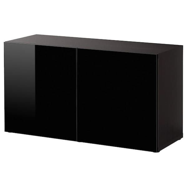 BESTÅ - Shelf unit with doors, black-brown/Selsviken high-gloss/black, 120x42x64 cm