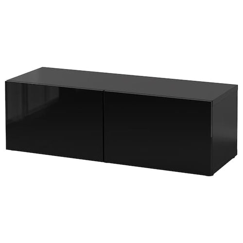 BESTÅ - Shelf unit with doors, black-brown/Selsviken high-gloss/black, 120x42x38 cm