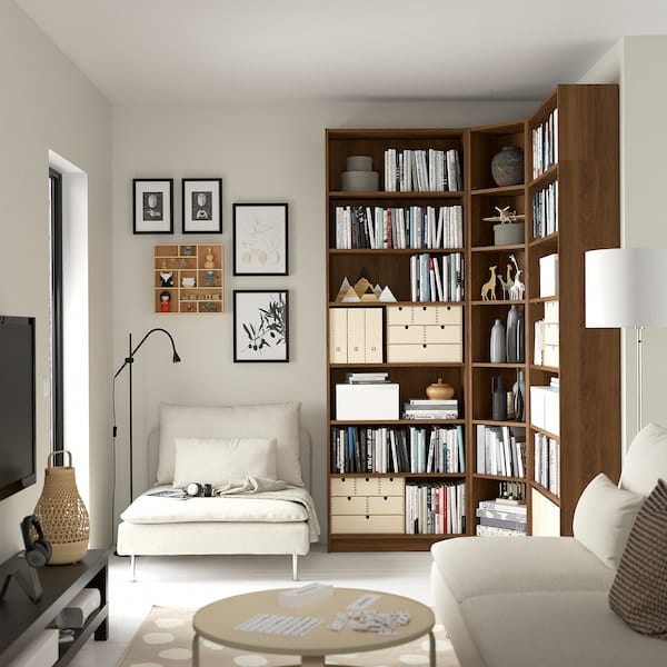 Ikea BILLY - Bookcase corner comb w ext units, brown walnut effect, 136/136x28x237 cm