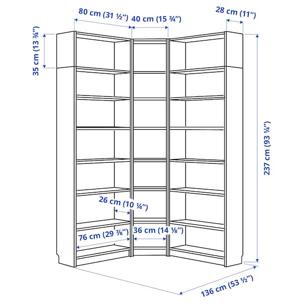 BILLY - Bookcase corner comb w ext units, brown walnut effect, 136/136x28x237 cm