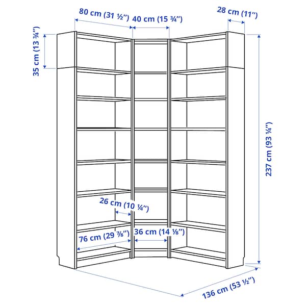 Ikea BILLY - Bookcase corner comb w ext units, brown walnut effect, 136/136x28x237 cm