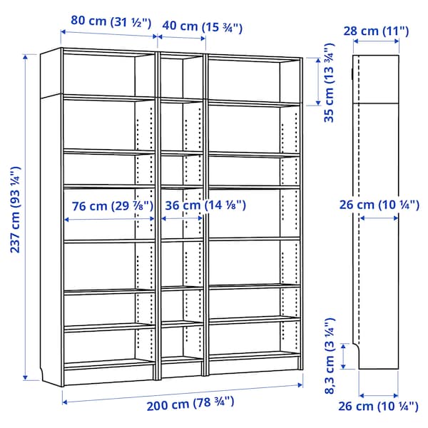 Ikea BILLY - Bookcase/elem supplement combination, birch effect,200x28x237 cm