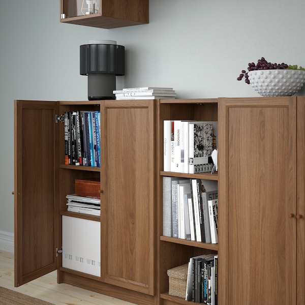 BILLY / EKET - Storage combination with doors, brown walnut effect/clear glass