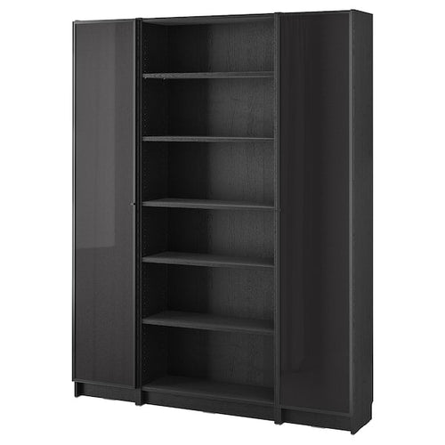 BILLY / HÖGBO - Bookcase / glass door combination, black oak effect,160x202 cm