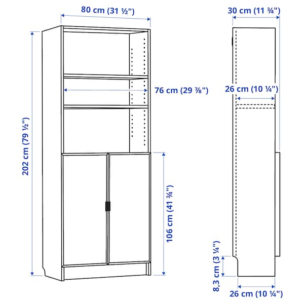 Ikea BILLY / HÖGBO - Bookcase with glass doors, black oak effect,80x30x202 cm