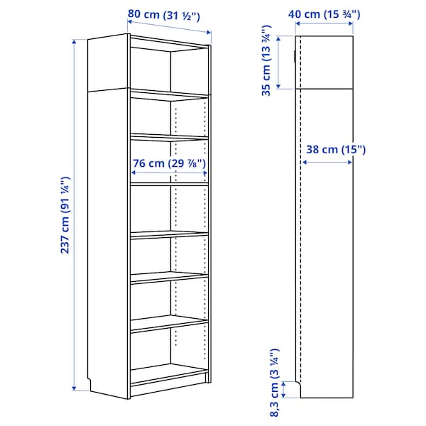 Ikea BILLY Library with top element - white 80x40x237 cm , 80x40x237 cm