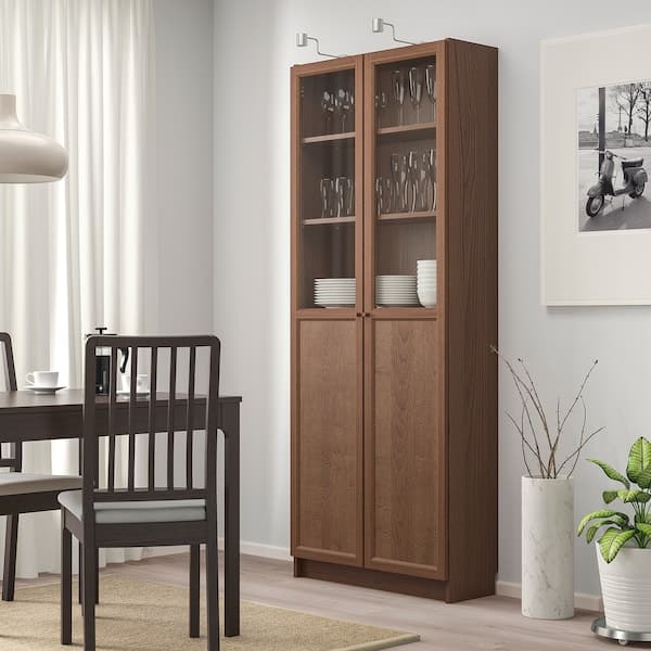 BILLY Bookcase with glass panel/doors - brown/fractal veneer 80x30x202 cm - Premium Bookcases & Standing Shelves from Ikea - Just €271.99! Shop now at Maltashopper.com