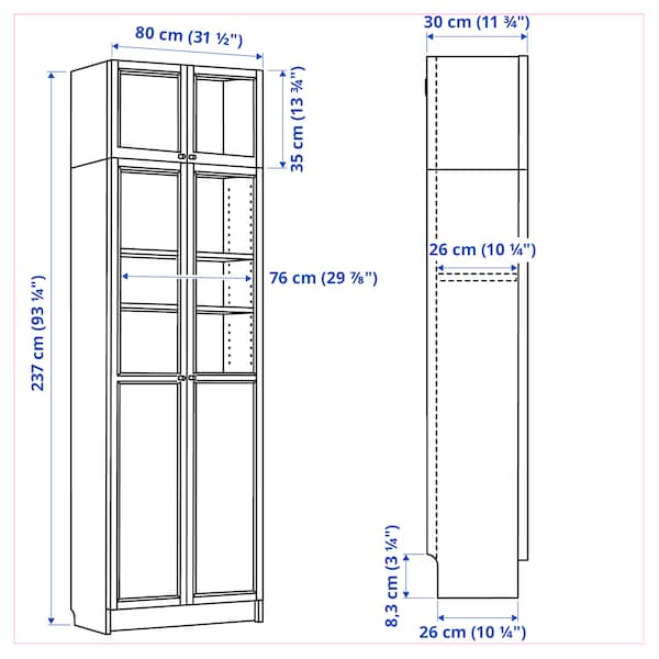 Ikea BILLY - Bookcase w hght ext ut/pnl/glss drs, white, 80x30x237 cm