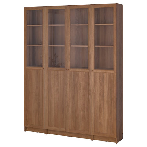 BILLY / OXBERG - Bookcase comb w panel/glass doors, brown walnut effect, 160x202 cm