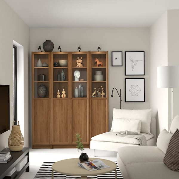 Ikea BILLY / OXBERG - Bookcase comb w panel/glass doors, brown walnut effect, 160x202 cm