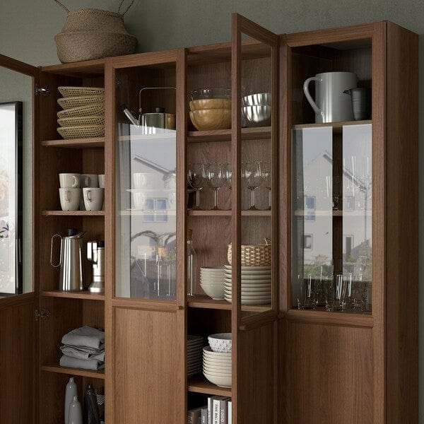 Ikea BILLY / OXBERG - Bookcase comb w panel/glass doors, brown walnut effect, 160x202 cm