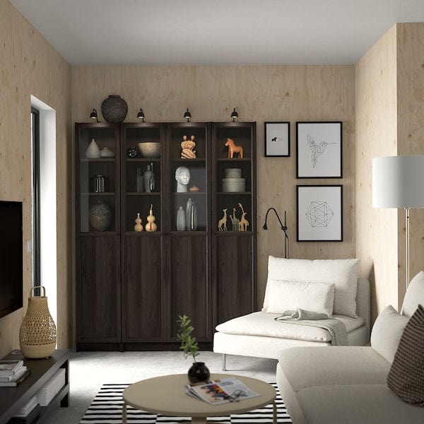 Ikea BILLY / OXBERG - Bookcase combination with glass doors/pannel, dark brown oak effect,160x202 cm