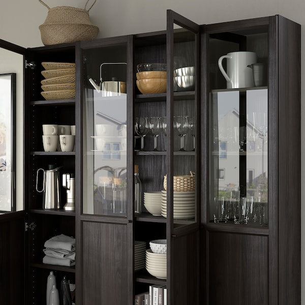 BILLY / OXBERG - Bookcase combination with glass doors/pannel, dark brown oak effect,160x202 cm