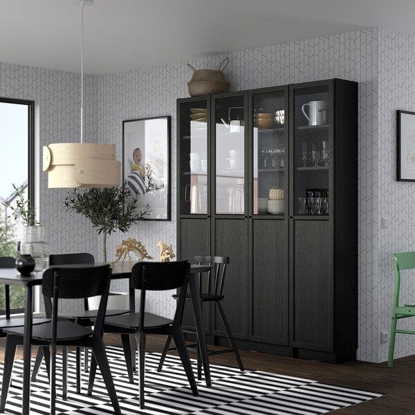 Ikea BILLY / OXBERG - Bookcase comb w panel/glass doors, black oak effect, 160x202 cm