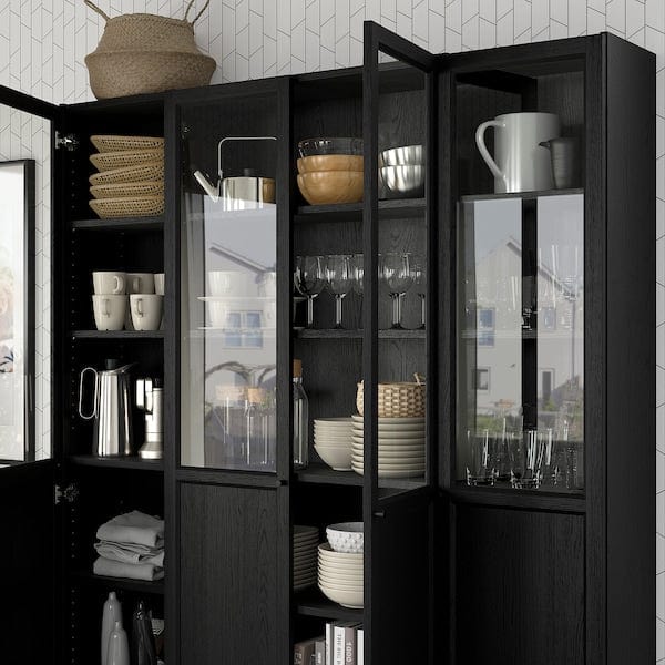 Ikea BILLY / OXBERG - Bookcase comb w panel/glass doors, black oak effect, 160x202 cm