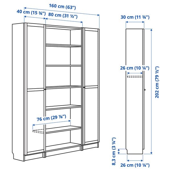 Ikea BILLY / OXBERG - Bookcase combination w glass doors, brown walnut effect, 160x202 cm