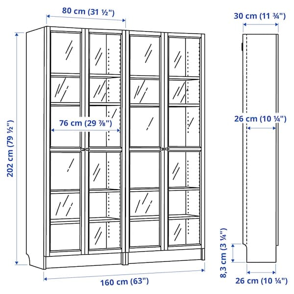 Ikea BILLY / OXBERG - Bookcase/glass door combination, dark brown oak effect,160x202 cm
