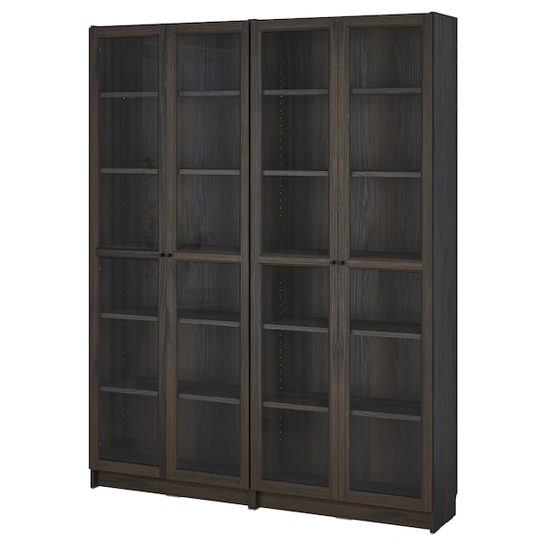 BILLY / OXBERG - Bookcase/glass door combination, dark brown oak effect,160x202 cm