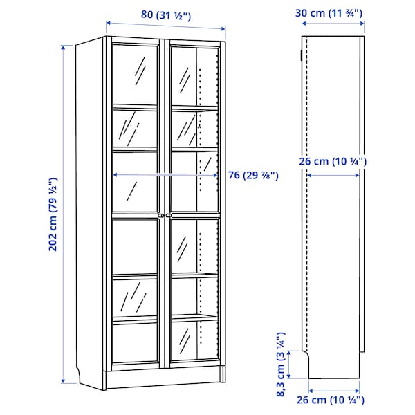 Ikea BILLY / OXBERG - Bookcase with glass doors, dark brown oak effect,80x30x202 cm