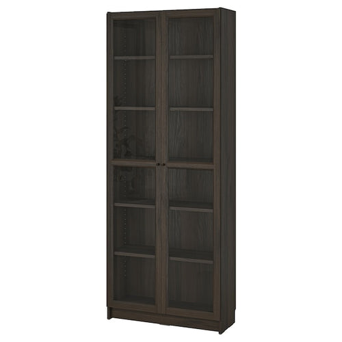 BILLY / OXBERG - Bookcase with glass doors, dark brown oak effect,80x30x202 cm