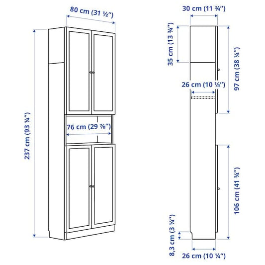 BILLY / OXBERG - Bookcase w doors/extension unit, white, 80x30x237 cm - best price from Maltashopper.com 89483368