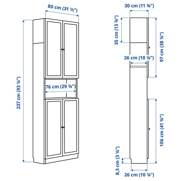 Ikea BILLY / OXBERG - Bookcase with doors/supplementary element, birch effect,80x30x237 cm