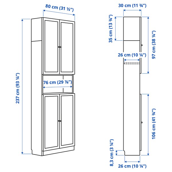 BILLY / OXBERG - Bookcase w doors/extension unit, black oak effect, 80x30x237 cm