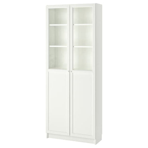 BILLY / OXBERG - Bookcase with panel/glass doors, white, 80x30x202 cm