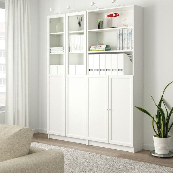 BILLY / OXBERG - Bookcase with panel/glass doors, white, 160x30x202 cm - best price from Maltashopper.com 79280724