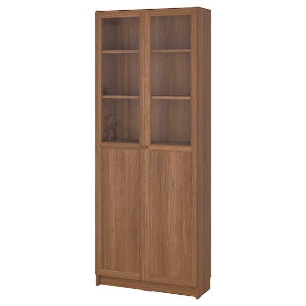 BILLY / OXBERG - Bookcase with panel/glass doors, brown walnut effect, 80x30x202 cm - best price from Maltashopper.com 69483326