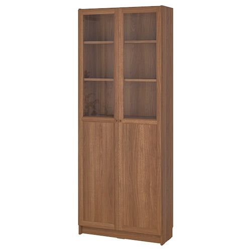 BILLY / OXBERG - Bookcase with panel/glass doors, brown walnut effect, 80x30x202 cm